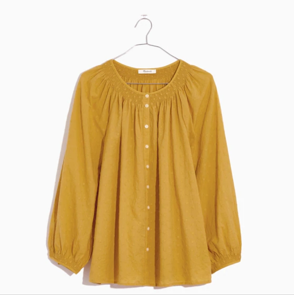 Madewell Floral Embroidered Smocked-Neck Raglan Top, S